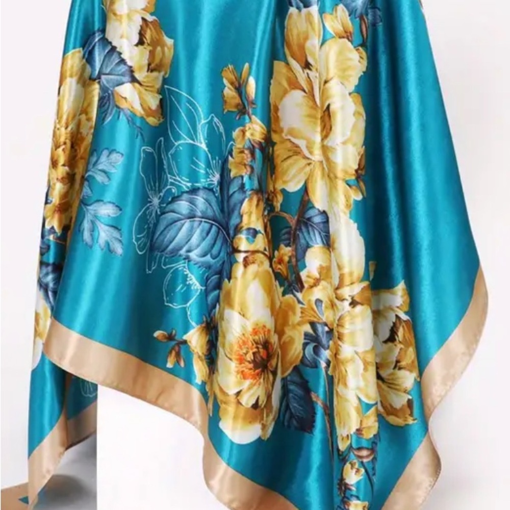 Floral Satin Scarf in Teal and Yellow